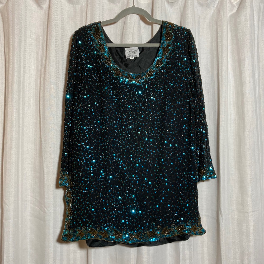 Stenay Plus Vintage Silk Beaded Sequin Tunic Top Blue Gold Black Womens 2X